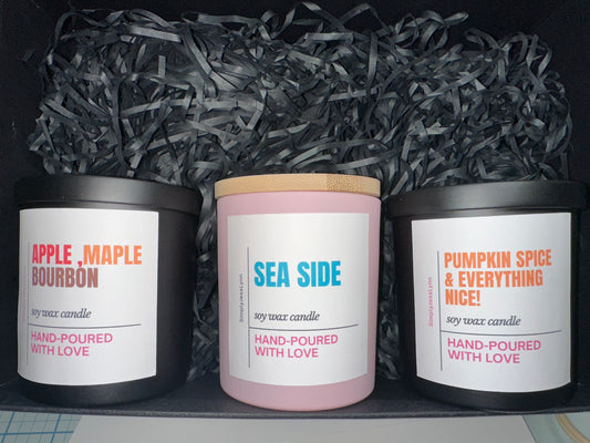 10 oz. Hand Poured 100% Soy Candles with Wood Wicks. No black smoke!!