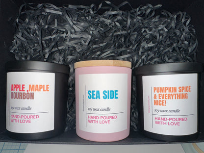 10 oz.  Hand Poured 100% Soy Candles with Wood Wicks. No black smoke!!