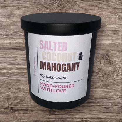 10 oz.  Hand Poured 100% Soy Candles with Wood Wicks. No black smoke!!