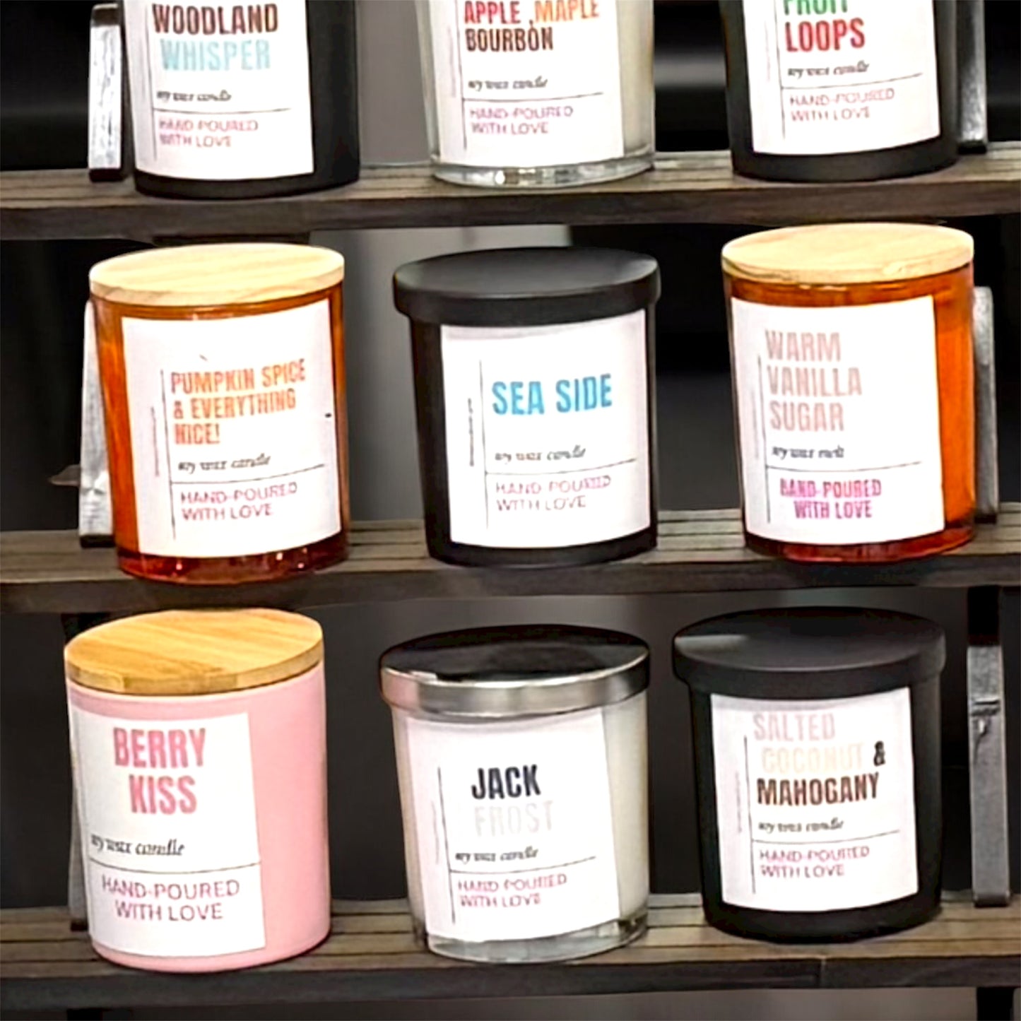 10 oz.  Hand Poured 100% Soy Candles with Wood Wicks. No black smoke!!