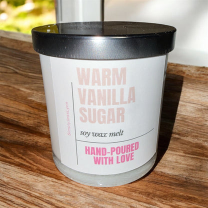 10 oz.  Hand Poured 100% Soy Candles with Wood Wicks. No black smoke!!