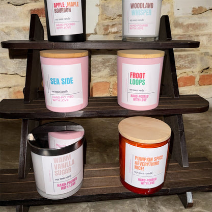 10 oz.  Hand Poured 100% Soy Candles with Wood Wicks. No black smoke!!